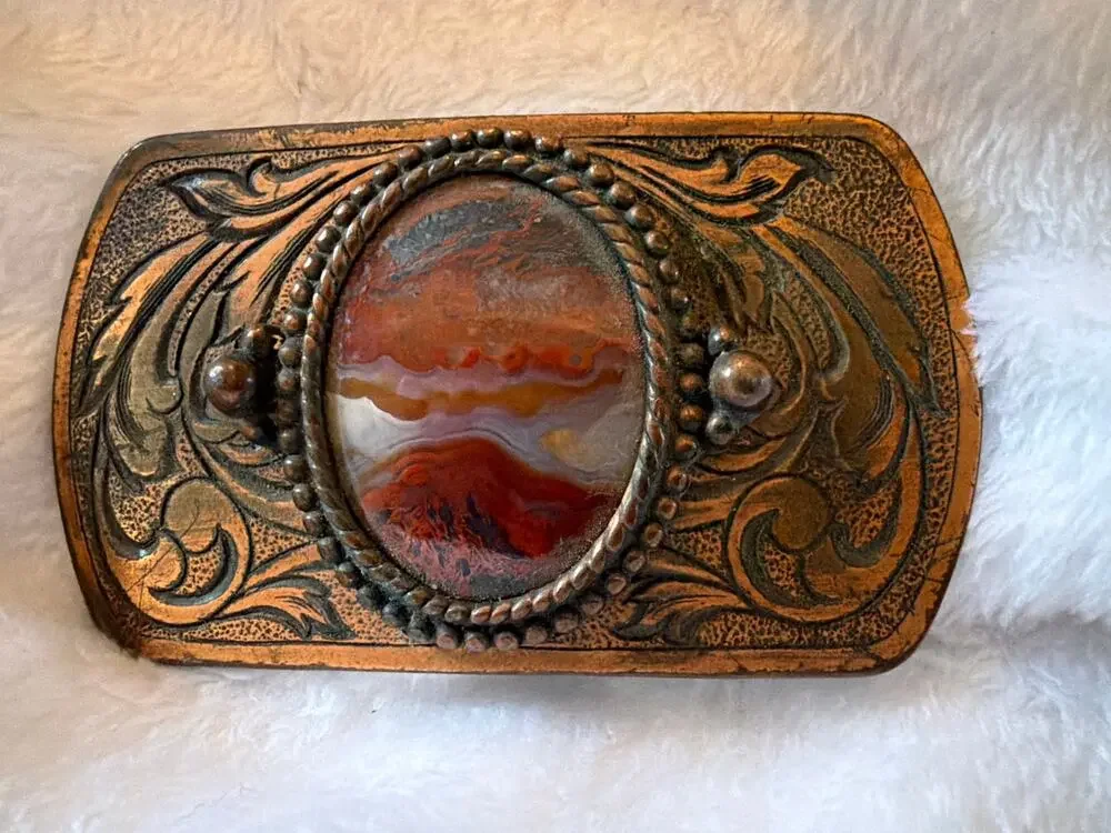 Vintage Western Belt Buckle Natural Agate Stone Scroll Engraved Brass Tone
